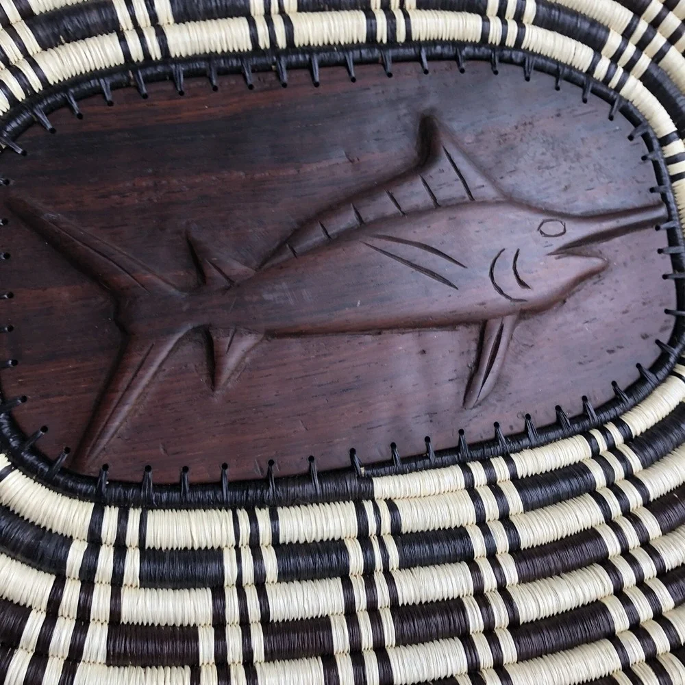 Handmade Woven Coil Tribal Oval‎ Wood Embossed Swordfish Tray Wall Basket